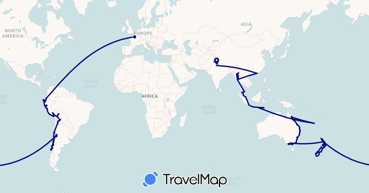 TravelMap itinerary: driving in Argentina, Australia, Bolivia, Chile, Ecuador, France, Hong Kong, Indonesia, India, Myanmar (Burma), Malaysia, New Caledonia, New Zealand, Peru, Singapore (Asia, Europe, Oceania, South America)